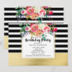 Invitation Fête d'anniversaire moderne florale glamour noir b