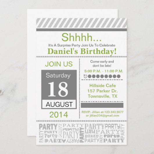 Invitation fête d'anniversaire moderne gris basiqu (Devant / Derrière)