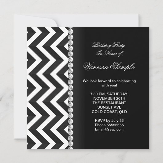 Invitation Fête d'anniversaire moderne noir blanc Chevron Str (Devant)