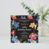 Invitation Fête d'anniversaire moderne noir coloré Floral 60e (Debout devant)