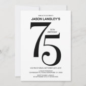 Invitation Fête d'anniversaire moderne noir et blanc 75e (Devant)