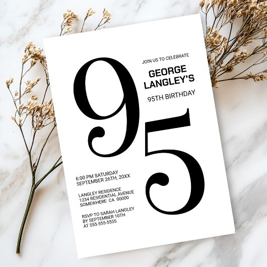 Invitation Fête d'anniversaire moderne noir et blanc 95e