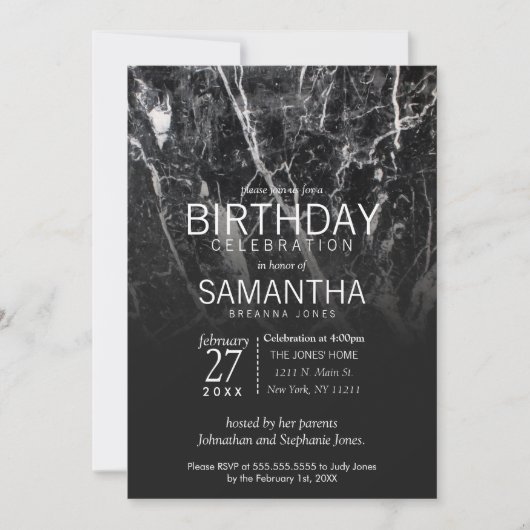 Invitation Fête d'anniversaire moderne Noir et Marbre blanc (Devant)