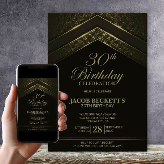 Invitation Fête d'anniversaire moderne noir et or 30 ans