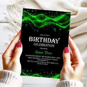 Invitation Fête d'anniversaire moderne noir et vert pour tout