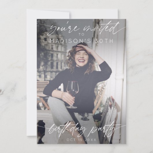 Invitation Fête d'anniversaire moderne photo manuscrite scrip (Devant)