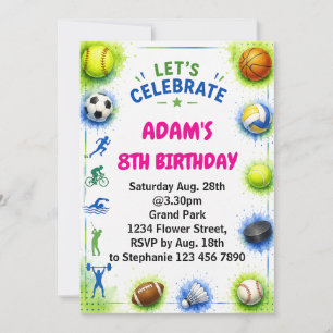 Invitation Fête d'anniversaire moderne pour garçons bleue spo