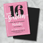Invitation Fête d'anniversaire moderne rose pour une seizième<br><div class="desc">Voici une invitation simple et moderne pour une fête d'anniversaire Sweet Sixteen, parfaite pour célébrer avec style. Le design vibrant présente un fond rose vif avec un "16" gras bien visible en haut. En dessous, "Sweet Sixteen" est écrit élégamment en calligraphie script, donnant un ton ludique et stylé. Le texte...</div>