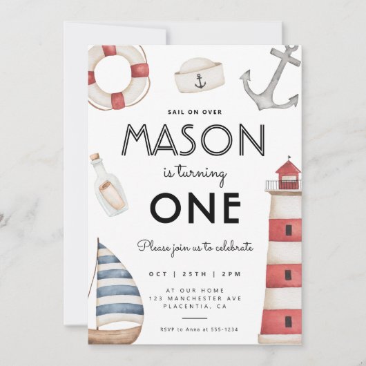 Invitation Fête d'anniversaire moderne sur le thème nautique  (Devant)