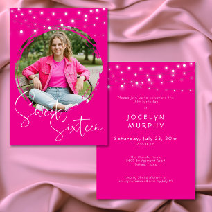 Invitation Fête d'anniversaire moderne Sweet Sixteen rose vif