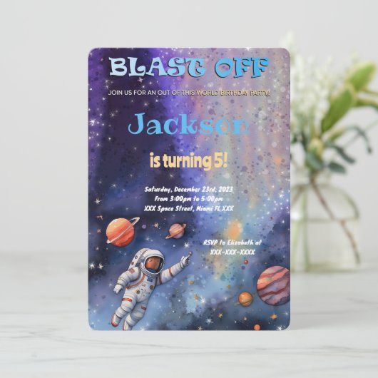 Invitation Fête d'anniversaire modifiable dans l'espace extra (Debout devant)