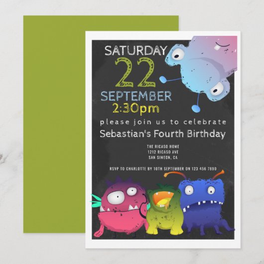 Invitation Fête d'anniversaire Monster Bash Personnalisée (Devant / Derrière)