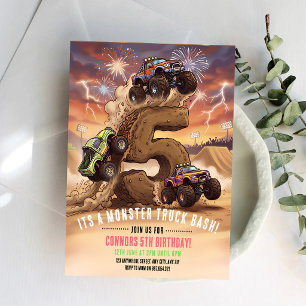Invitation Fête d'anniversaire Monster Truck Boom Crash 5 ans