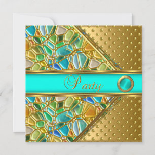 Invitation Fête d'anniversaire Mosaïque Or Sarcelle Bleu Or T