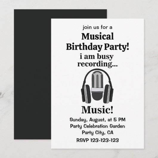 Invitation Fête d'anniversaire musicale avec micro-casque (Devant / Derrière)