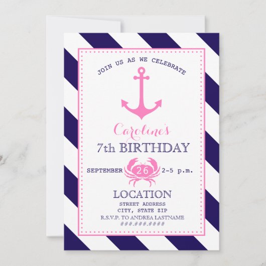 Invitation Fête d'anniversaire nautique de la fille - Ancre + (Devant)