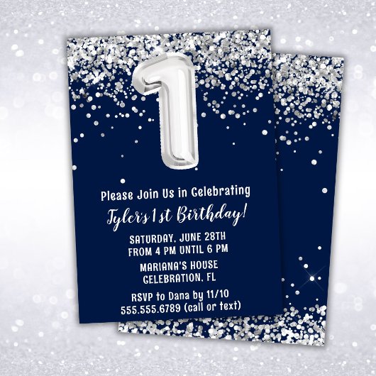 Invitation Fête d'anniversaire Navy Blue Silver 1 an