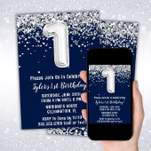 Invitation Fête d'anniversaire Navy Blue Silver 1 an