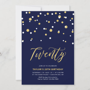 Invitation Fête d'anniversaire Navy & Or Simple Twenty 20 ans