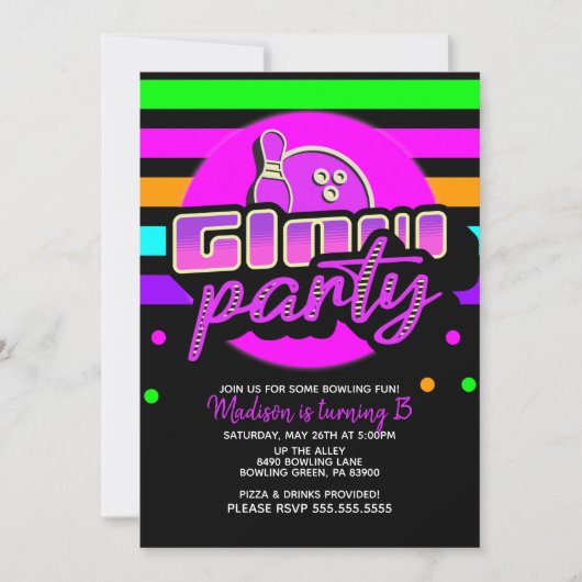 Invitation Fête d'anniversaire Neon Bowling Party Bash (Devant)