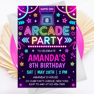 Invitation Fête d'anniversaire Neon Glow Arcade
