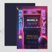 Invitation Fête d'anniversaire Neon Glow Arcade et Bowling (Devant / Derrière)