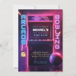 Invitation Fête d'anniversaire Neon Glow Arcade et Bowling