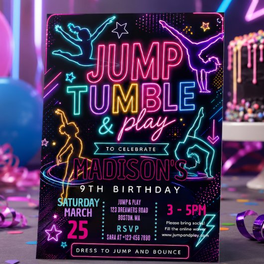 Invitation Fête d'anniversaire Neon Jump & Tumble