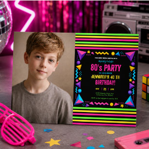 Invitation Fête d'anniversaire néon rétro moderne des années 