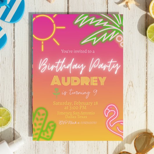 Invitation Fête d'anniversaire - Neon rose
