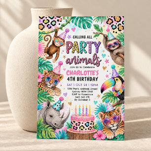 Invitation Fête d'anniversaire Néon Safari Animaux Fille
