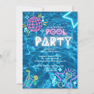 Invitation fête d'anniversaire neon summer Pool Party