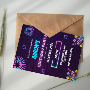 Invitation Fête d'anniversaire néon violet et bleu