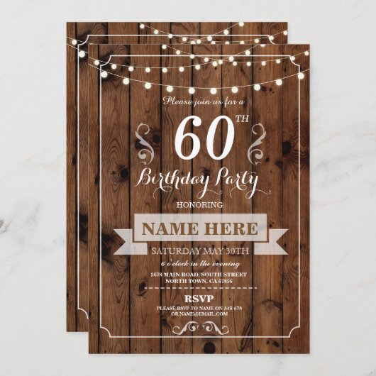 Invitation Fête d'anniversaire n'importe quel âge Bois rustiq (Devant / Derrière)