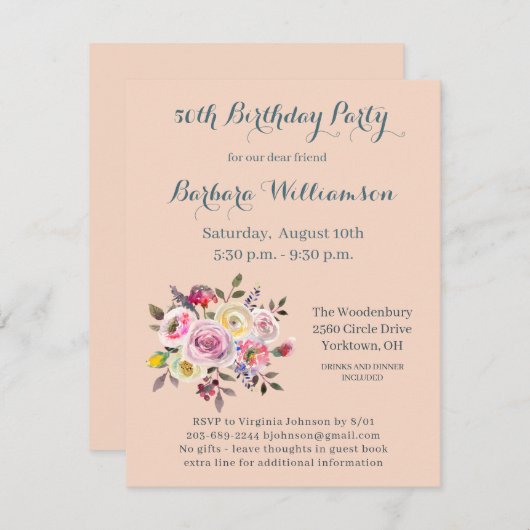 Invitation Fête d'anniversaire n'importe quel âge Fleurs aqua (Devant / Derrière)