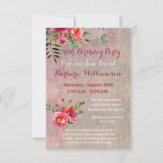 Invitation Fête d'anniversaire n'importe quel âge Fleurs aqua (Devant)