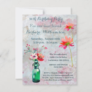 Invitation Fête d'anniversaire n'importe quel âge Fleurs aqua