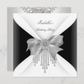 Invitation Fête d'anniversaire Noir Argent Blanc Diamant Bow (Devant / Derrière)