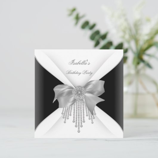 Invitation Fête d'anniversaire Noir Argent Blanc Diamant Bow (Debout devant)