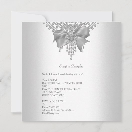 Invitation Fête d'anniversaire Noir Argent Blanc Diamant Bow (Dos)
