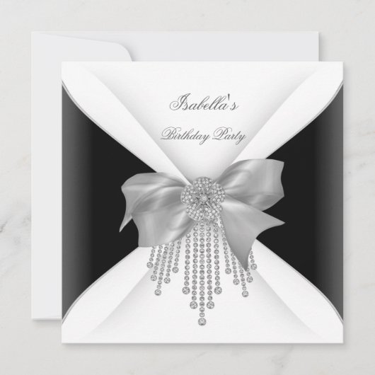 Invitation Fête d'anniversaire Noir Argent Blanc Diamant Bow (Devant)