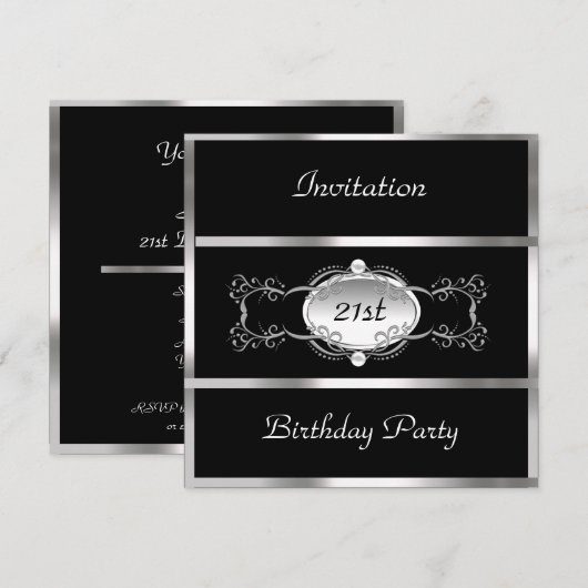 Invitation Fête d'anniversaire noir argent personnalisé (Devant / Derrière)