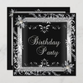 Invitation Fête d'anniversaire Noir Blanc Argent (Devant / Derrière)