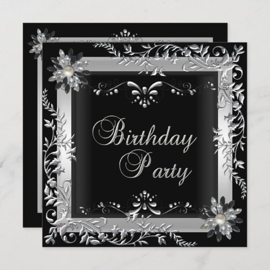 Invitation Fête d'anniversaire Noir Blanc Argent (Devant / Derrière)
