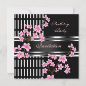 Invitation Fête d'anniversaire Noir Blanc Asiatique Rose Fleu (Devant)