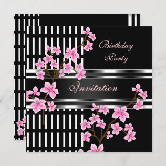 Invitation Fête d'anniversaire Noir Blanc Asiatique Rose Fleu
