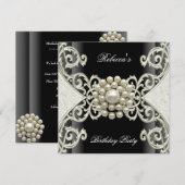 Invitation Fête d'anniversaire Noir Blanc Crème Perle (Devant / Derrière)