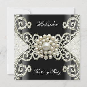 Invitation Fête d'anniversaire Noir Blanc Crème Perle