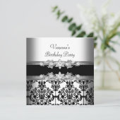 Invitation Fête d'anniversaire Noir Blanc Damas (Debout devant)