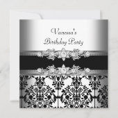 Invitation Fête d'anniversaire Noir Blanc Damas (Devant)